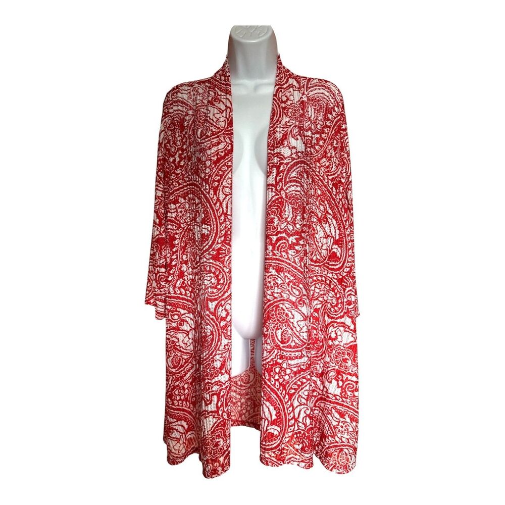 Susan Graver Women's Open Front 3/4 Sleeve Lightweight Cardigan Size L Red White